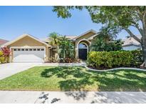 Inviting home featuring a manicured lawn, lush landscaping, and a two-car garage at 12421 Seabrook Dr, Tampa, FL 33626