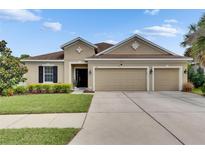 Inviting single-story home with a well-manicured lawn, a two-car garage, and neutral-toned exterior paint at 17516 Bright Wheat Dr, Lithia, FL 33547