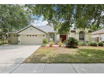 Charming single-story home with manicured lawn and mature trees creating a welcoming curb appeal at 9422 Clover Glen Dr, Riverview, FL 33569