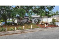 Charming single-story home with mature trees and a well-maintained front yard with decorations at 9926 Gray Fox Ln, Port Richey, FL 34668
