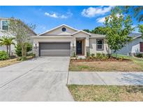 Charming single-story home featuring a well-manicured lawn and stone veneer accents at 10563 Laguna Plains Dr, Riverview, FL 33578
