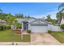 Charming single-story home featuring a well-maintained lawn, mature palm trees, and a two-car garage at 11619 Fox Creek Dr, Tampa, FL 33635