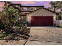 Charming two-story home features a two-car garage and a well-manicured front yard with tropical landscaping at 1313 Key West Ct, Wesley Chapel, FL 33544