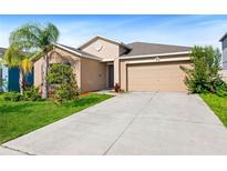 Inviting single-story home featuring lush lawn, landscaping, and a two-car garage in a serene suburban setting at 15507 Caynor Ash Ln, Sun City Center, FL 33573