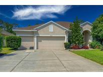 Charming single-story home with a well-manicured lawn and a three car garage at 2349 Wood Pointe Dr, Holiday, FL 34691