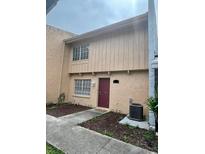 Two-story tan home with manicured lawn, garden, and walkway to the maroon front door at 4967 Steel Dust Ln, Lutz, FL 33559