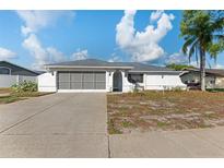 Charming single-story home featuring a screened-in two-car garage and well-lit concrete driveway at 11305 Brown Bear Ln, Port Richey, FL 34668