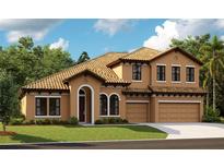 Charming two-story home featuring a clay tile roof, stucco exterior, arched entry, and well-manicured lawn at 10096 Meadowrun Dr, Lithia, FL 33547