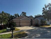 Tan single-story home with a three-car garage and well-maintained landscaping in a residential neighborhood at 10212 Holland Rd, Riverview, FL 33578
