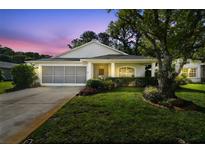 Charming single Gathering home with a well manicured lawn and screened garage at dusk at 11446 Sinatra Ct, New Port Richey, FL 34654