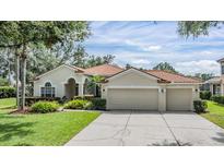 Stunning single-story home featuring a terracotta roof, lush landscaping, and an attached three-car garage at 18002 Avalon Ln, Tampa, FL 33647