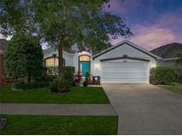 Charming single-story home featuring a well-manicured lawn, mature trees, and an attached two-car garage at 12713 Whitney Meadow Way, Riverview, FL 33578