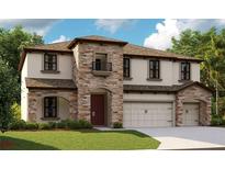 Inviting two-story home featuring a stone facade, complemented by a well-manicured lawn and an attached two-car garage at 13137 Wellspring Dr, Lithia, FL 33547