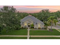 Beautiful single-story home with a manicured lawn, mature trees, and a paver walkway leading to the front door at 3727 Janus Way, Palm Harbor, FL 34685