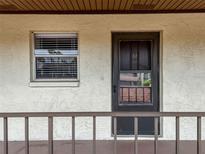 A close-up of the front door with a small window and a railing in front of the entrance at 1100 East Bay Dr # 42, Largo, FL 33770