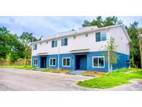 Modern townhome featuring blue and white exterior paint, and ample parking at 1933 Oxnard Ct, Tampa, FL 33612