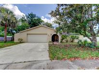 Charming single-story home featuring a two-car garage, arched entryway, and mature landscaping at 4908 Rockledge Cir, Tampa, FL 33624