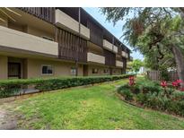 Multi-story building with brown trim and balconies surrounded by lush green landscaping at 1241 S Martin Luther King Jr Ave # 302, Clearwater, FL 33756
