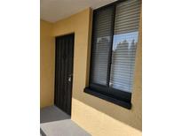 Exterior shot of the front door with decorative security door and adjacent window with blinds at 2424 W Tampa Bay Blvd # M-201, Tampa, FL 33607