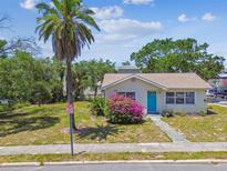Charming single-story home with a blue front door, complemented by mature landscaping and a palm tree at 556 Virginia St, Dunedin, FL 34698