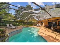 A screened pool is surrounded by lounge seating and a dining area, perfect for outdoor entertaining at 854 Village Way, Palm Harbor, FL 34683