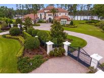 Expansive estate featuring manicured landscaping, a circular driveway, and a grand entrance gate at 17124 Crawley Rd, Odessa, FL 33556