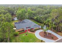 Beautiful aerial view of house with lush landscaping, circular driveway, and pond at 6703 Towhe Dr, Seffner, FL 33584