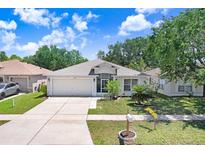 Charming single-story home with a well-maintained lawn and a two-car garage at 13523 Prestwick Dr, Riverview, FL 33579
