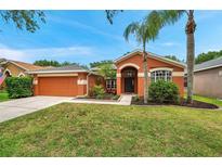 Charming home featuring a well-manicured lawn, inviting entryway, and an attached two-car garage at 19156 Dove Creek Dr, Tampa, FL 33647
