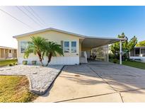 Charming yellow home features a covered carport, palm trees, and a well-maintained yard, offering a warm and inviting curb appeal at 37338 Sandra Ave, Zephyrhills, FL 33542