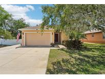 Inviting single-story home features a beige stucco exterior, two-car garage, and an American flag displayed at 9917 Prevatt St, Gibsonton, FL 33534