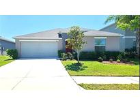 Charming single-story home featuring a well-manicured lawn and a spacious two-car garage at 11524 Sage Canyon Dr, Riverview, FL 33578