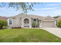 Charming single-story home featuring a well-manicured lawn and an attached two-car garage at 25942 Risen Star Dr, Wesley Chapel, FL 33544