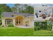 Charming single-story home with a well-manicured lawn, elegant arched entryway, and an attached two car garage at 13038 Royal George Ave, Odessa, FL 33556