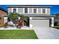 Two-story home featuring a grey color, manicured lawn, complemented by white rock and elegant tropical plants at 1712 Crossvine Ct, Trinity, FL 34655