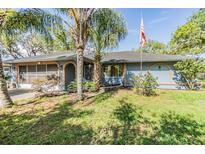 Charming single story home with blue exterior, mature trees, and manicured lawn at 2308 Rio Cir, Spring Hill, FL 34608