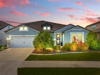 Charming single-story home featuring a manicured lawn and attached two-car garage, perfect for suburban living at 31643 Colada Drift Way, Wesley Chapel, FL 33545