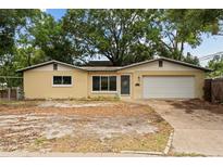 Single-story home featuring a beige exterior, simple landscaping, and a two-car garage at 701 59Th Ne Ave, St Petersburg, FL 33703