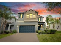 Two-story home featuring an attached two-car garage, with palm trees and manicured landscaping at 1028 Oliveto Verdi Ct, Brandon, FL 33511