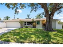 Charming single-story home boasts a well-manicured lawn and mature shade tree at 1530 Picardy Cir, Clearwater, FL 33755