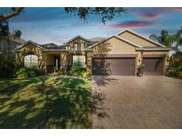 Charming home featuring a paver driveway, well-manicured lawn, and a three-car garage at 1116 Hillandale Reserve Dr, Tampa, FL 33613