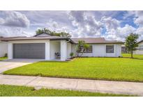 Charming single-story home with a well-manicured lawn and a gray two-car garage at 11520 Bear Paw Ln, Port Richey, FL 34668