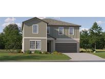 Charming two-story home featuring neutral siding, a two-car garage, and professionally landscaped front yard at 1806 Tropical Oasis Ave, Plant City, FL 33565