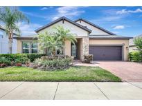 Charming single-Gathering home featuring a two-car garage, stone accents, and mature landscaping at 10415 Cardera Dr, Riverview, FL 33578