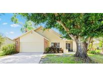 Charming single-story home featuring a brick facade, attached garage, and mature trees at 1914 Elk Spring Dr, Brandon, FL 33511