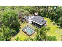 Expansive elevated home featuring a screened pool, lush landscaping, and detached carport at 35031 Shale St, Webster, FL 33597