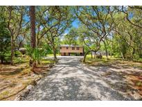 Inviting elevated home with a gravel driveway, nestled among mature trees at 35031 Shale St, Webster, FL 33597