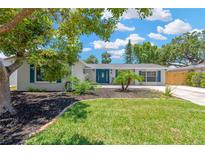 Charming single-story home with manicured front lawn, blue accents, and beautifully landscaped garden at 8314 Stillbrook Ave, Tampa, FL 33615