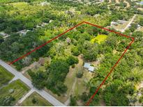 Aerial view of the large, wooded property showcasing the lot boundaries and the home's location at 2112 33Rd Se St, Ruskin, FL 33570