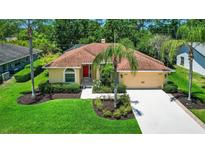 Charming single-story home with lush landscaping, red door and well-maintained lawn at 2498 Saddlewood Ln, Palm Harbor, FL 34685